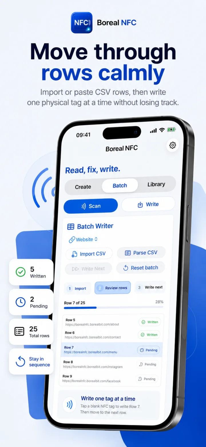 Boreal NFC batch writer showing written and pending CSV rows