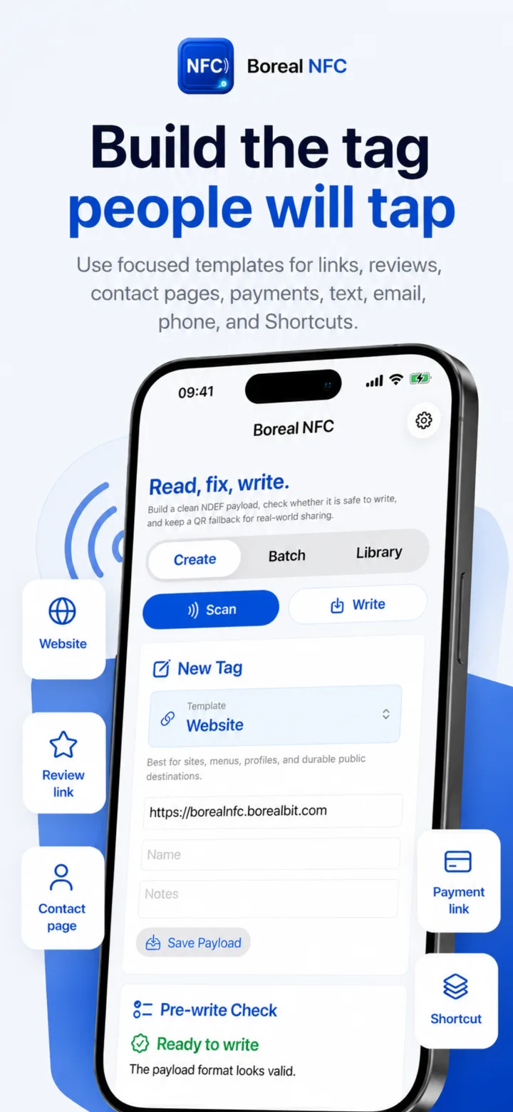 Boreal NFC website tag template with supported destination types