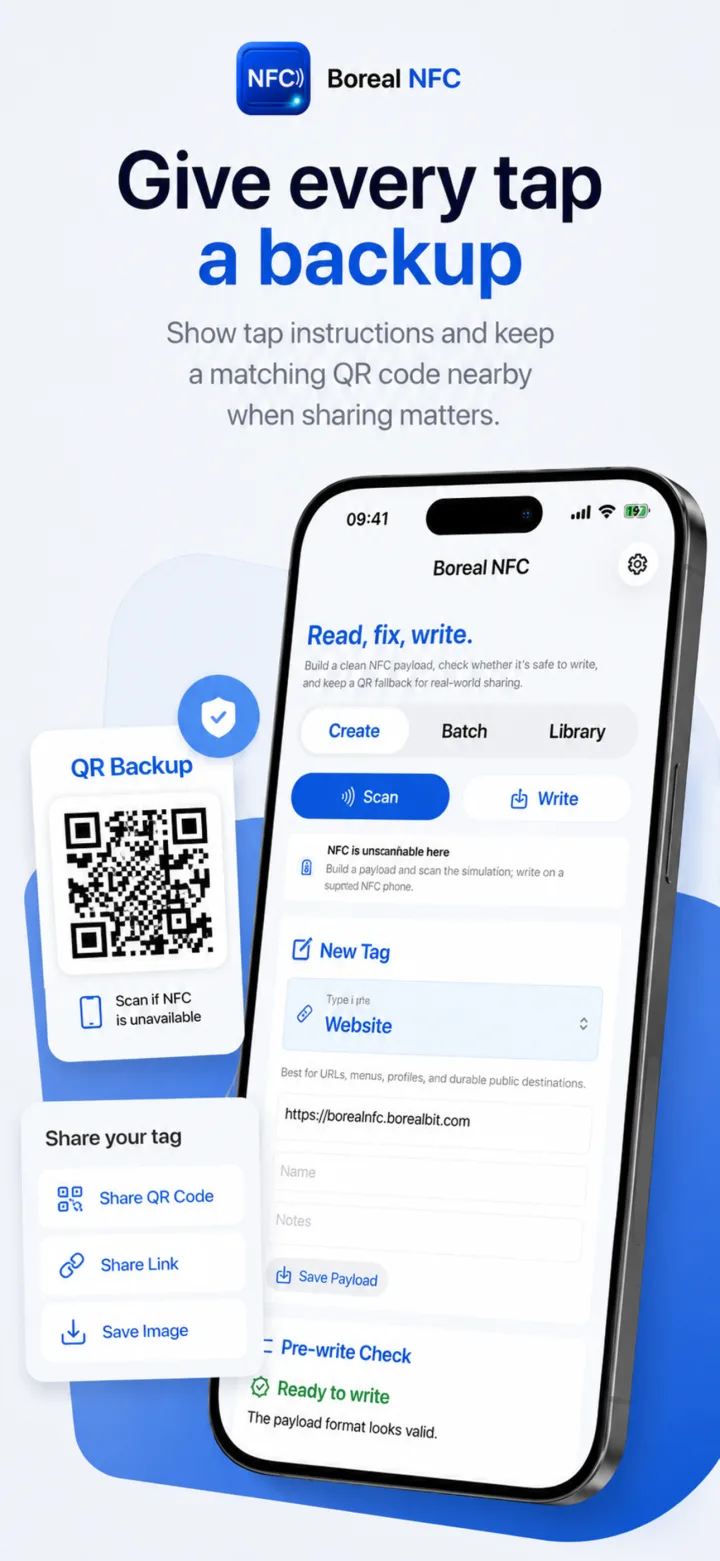 Boreal NFC QR backup workflow