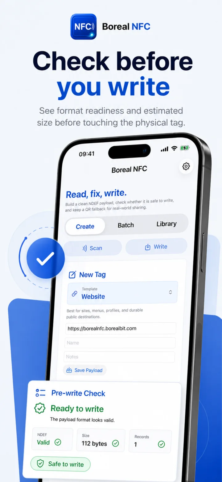 Boreal NFC showing a valid pre-write check and estimated payload size